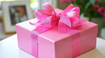 Obraz premium Pink gift box with elegant ribbon bow displayed on a bright white table surrounded by vibrant greenery and blurred background decor.