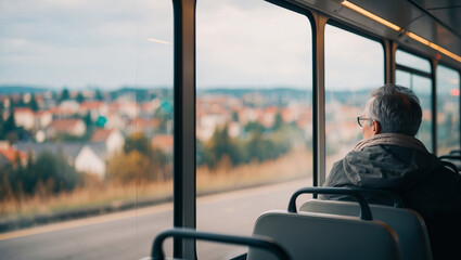 Naklejka premium Man enjoying a scenic view from a train window on a cloudy day in the countryside