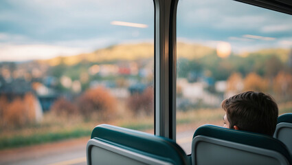 Boy gazing out the bus window while traveling through a scenic landscape at dusk