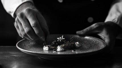 Chef's meticulous touch, plating a culinary masterpiece. Black and white photography emphasizing textures and details. Gastronomic art at its finest.