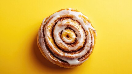 Fototapeta premium Delicious Freshly Baked Cinnamon Roll with Creamy Icing on Bright Yellow Background Perfect for Food Photography and Culinary Promotions