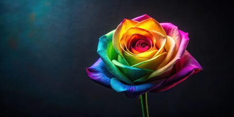 A vibrant spectrum of colors unfolds in this captivating close-up of a single rainbow rose, its petals displaying a dazzling array of hues against a dark, moody backdrop.