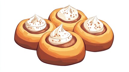 Fototapeta premium Illustration of four freshly baked cinnamon rolls topped with cream on a clean white background showcasing delicious pastry details.