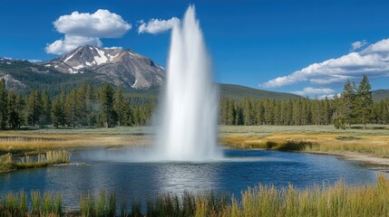 Geyser erupts in scenic landscape with dormant volcano and mountains under a clear blue sky