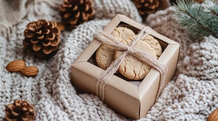 Cozy gift box featuring almond cookies on a warm knitted blanket surrounded by pinecones and almonds for a seasonal touch