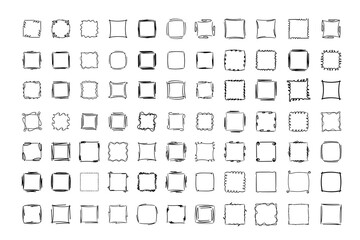 Square doodle frames ,hand-drawn monograms.Edgings and cadres with simple sketchy design elements.Isolated. Vector illustration.