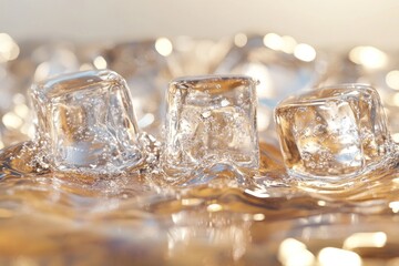 Close-Up of Melting Ice Cubes on a Reflective Surface with Glimmering Light Effects