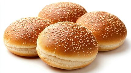 Freshly baked sesame seed hamburger buns arranged on a white background showcasing their golden brown texture and soft interior.