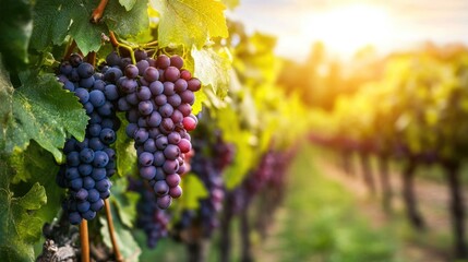 Fototapeta premium Vibrant vineyard landscape with ripe grapes under golden sunlight showcasing agricultural beauty and fruit growing in nature.