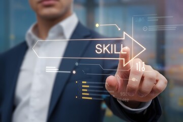 Visionary holographic depictions of skill mastery and learning, featuring glowing digital dashboards, radiant progress graphs, and cutting-edge technology in modern office environments