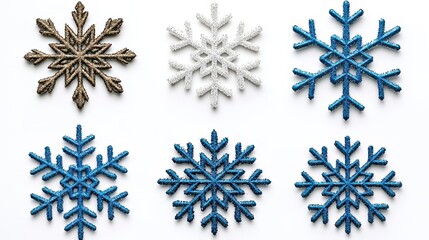 A photostock of frosty snowflakes in various intricate shapes, isolated on a clean white background, cold and detailed, High Quality