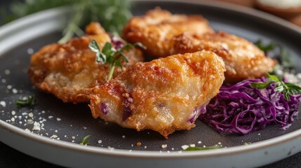 Fototapeta premium Crispy fried cabbage pieces on a plate garnished with fresh herbs and purple cabbage salad