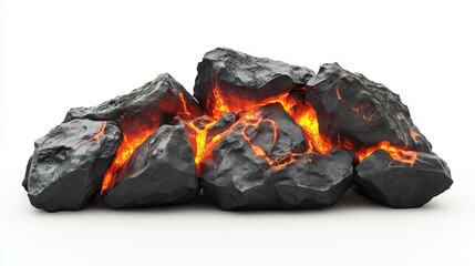 Flowing lava through fractured rocks during a volcano eruption ,Full depth of field, isolated on white background