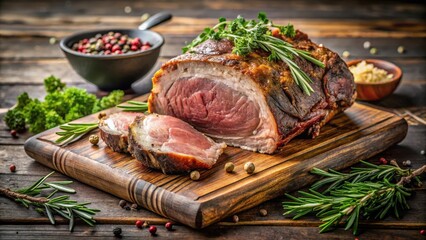 A juicy homemade grass fed prime rib roast on a wooden cutting board with fresh herbs and spices, meat, homemade,  meat