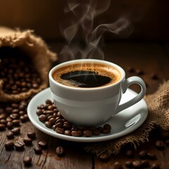Fototapeta premium Coffee cup, steaming hot, aromatic, espresso, white porcelain, coffee beans