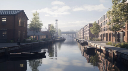 Obraz premium A tranquil scene of an industrial canal, lined with warehouses and factories, with boats gently floating on the water surface. Ai generated (1)
