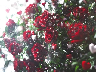 Romantic Bouquet of Red Roses with Heart Confetti and Soft Focus Lighting for Wedding Card