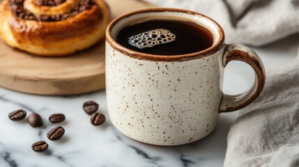 Ceramic mug of freshly brewed coffee alongside a cinnamon bun and coffee beans on a marble countertop setting