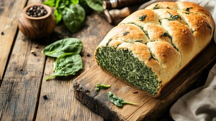 Freshly Baked Spinach Bread Loaf with Ingredients on Rustic Wooden Table
