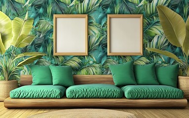 Tropical living room mockup, green sofa, blank frames, lush wallpaper