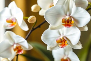 Fototapeta premium White dove orchid flower arrangement, blurred background, natural lighting
