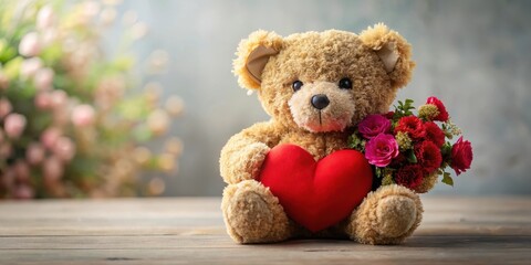Obraz premium Softly cuddled teddy bear with a red heart made of flowers in its fur , animal, cuddle