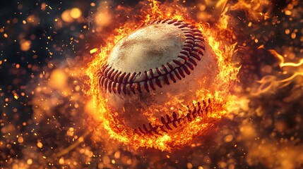3d rendering of a baseball explodes into flames with a fiery burst, creating a spectacular and dynamic visual. The explosion scatters embers and sparks, adding to the intensity