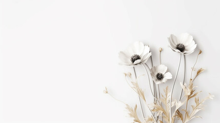 white flowers, top view with copy space on a white background  flowers are arranged in a way that they are not overlapping each other

