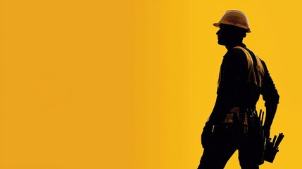 Silhouette of a Construction Worker Against a Yellow Background