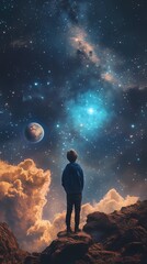 Fototapeta premium Digital technology universe planet character scene poster background
