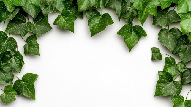A photostock of lush green ivy vines trailing along the edges, isolated on a clean white background, natural and decorative, High Quality