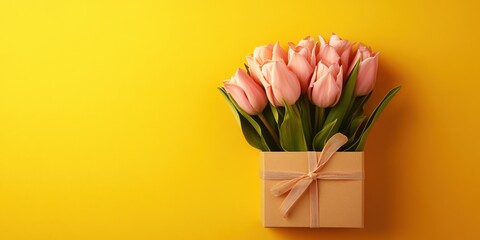 Delightful Pink Tulips in a Gift Box on Yellow Background Spring Flowers Present