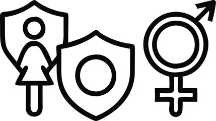 Simple line drawing, female silhouette, mother and child icon, shield symbol, prohibition sign, protection concept, black and white, minimalist design, iconic representation, family safety, vector gra © Trustbeeit.com
