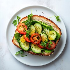 Delicious Vegan Open Sandwich with Tomato Cucumber and Greens