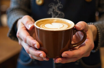 A barista presents a beautifully crafted latte in a brown cup, showcasing intricate foam art in a welcoming setting