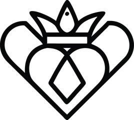 Black and white logo, stylized heart shape, crown symbol, minimalist design, geometric pattern, regal emblem, love and royalty concept, simple linework, iconic brand mark, symmetrical composition, vec