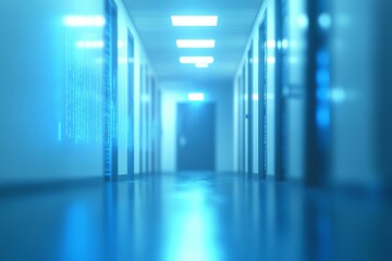 Futuristic server room corridor with glowing data.