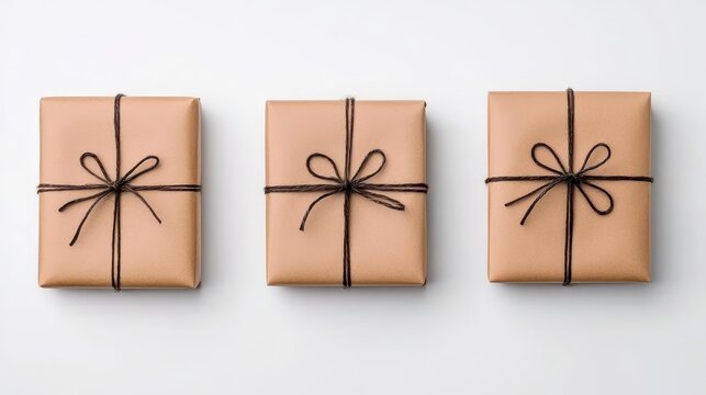 A photostock of neatly wrapped brown paper packages with visible twine bows, isolated on a clean white background, minimal and rustic, High Quality