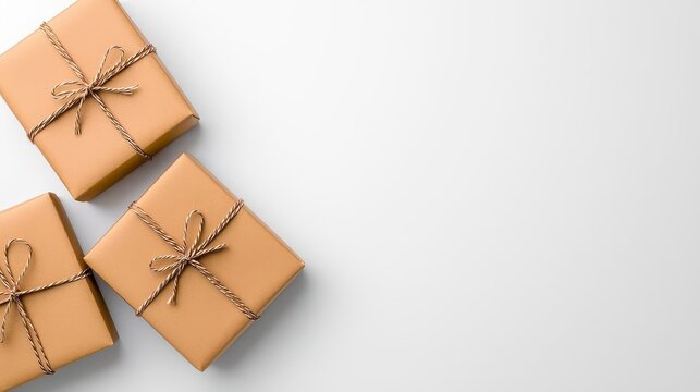A photostock of neatly wrapped brown paper packages with visible twine bows, isolated on a clean white background, minimal and rustic, High Quality