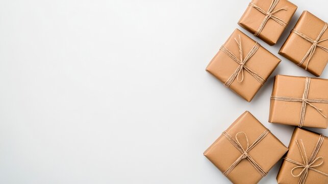 A photostock of neatly wrapped brown paper packages with visible twine bows, isolated on a clean white background, minimal and rustic, High Quality