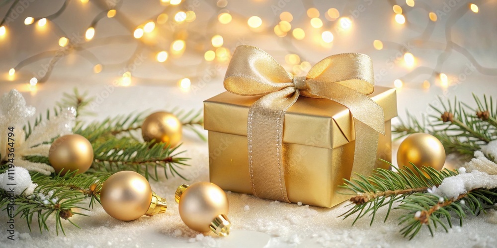 Poster a golden gift box surrounded by festive ornaments and evergreen branches on a snowy surface with war