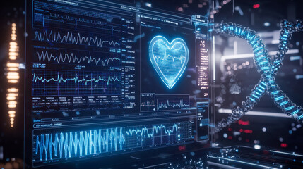 Futuristic medical data interface with heartbeat visualization and dna strand analysis