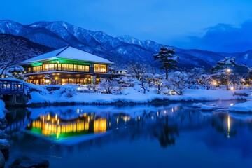 Fototapeta premium Illuminated lodge reflected in a tranquil, snow-covered pond at dusk, majestic mountains in the background.