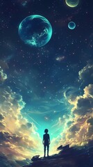 Obraz premium Digital technology universe planet character scene poster background