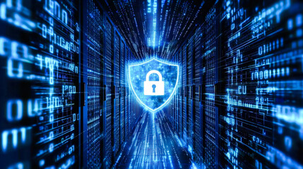 Futuristic digital security interface with lock symbol in blue cyber network