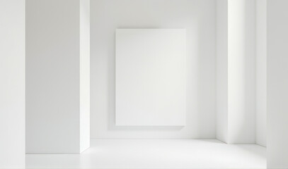 Minimalistic white interior with geometric platforms and empty frame