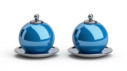 A photostock of round chrome serving domes reflecting light, isolated on a clean white background, sleek and professional, High Quality