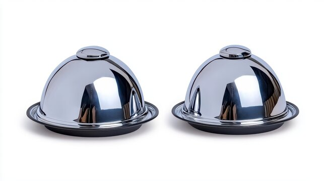 A photostock of round chrome serving domes reflecting light, isolated on a clean white background, sleek and professional, High Quality