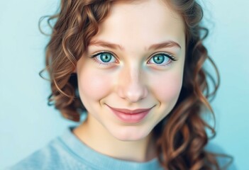 Naklejka premium Portrait of a 16-year-old female with long, curly brown hair and bright green eyes