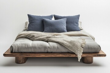 Cozy modern bedroom with gray and blue pillows on wooden bed